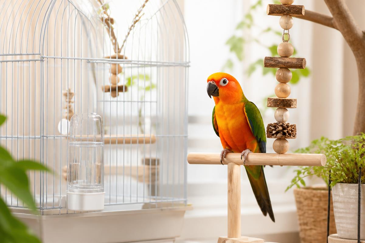 A colorful parrot playing with enrichment toys inside its cage
