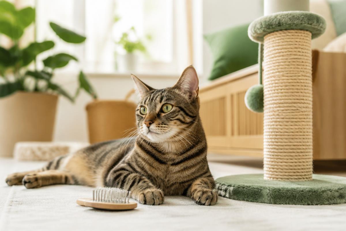 A person gently redirecting their cat to a scratching post