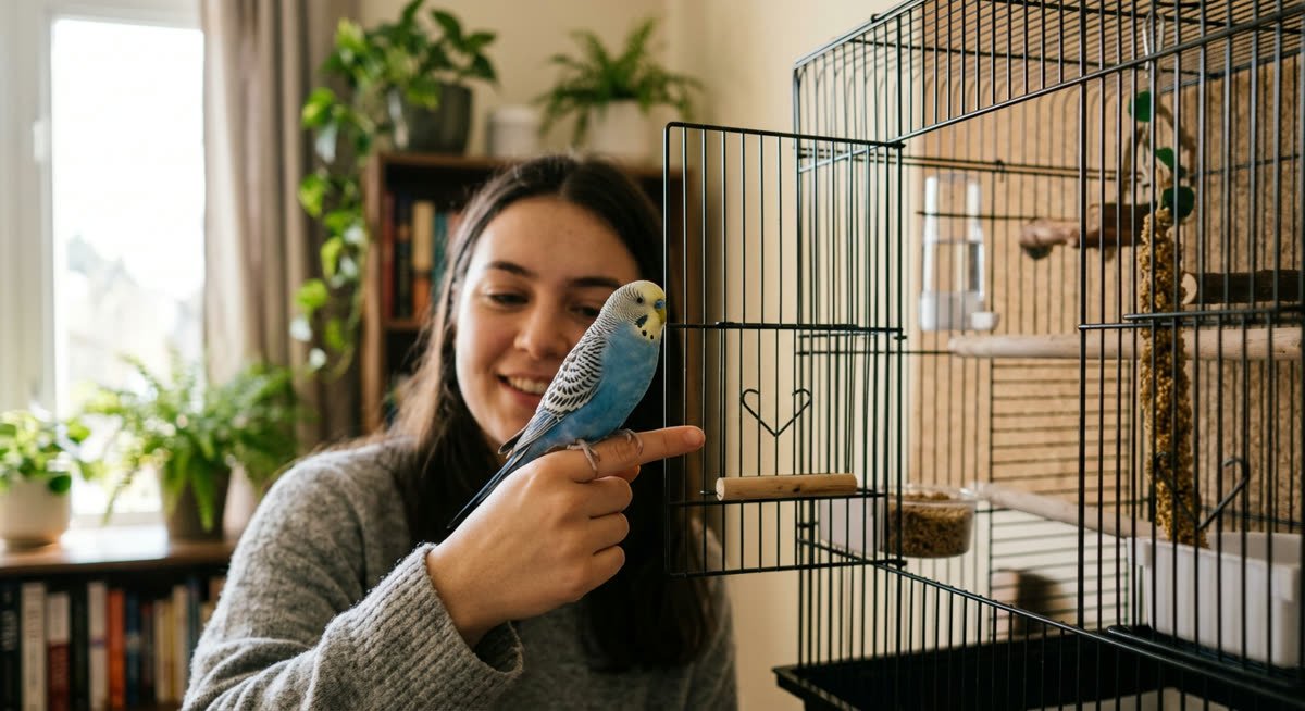 Photo illustrating the guide: how to Tame and Hand-Train a Budgie